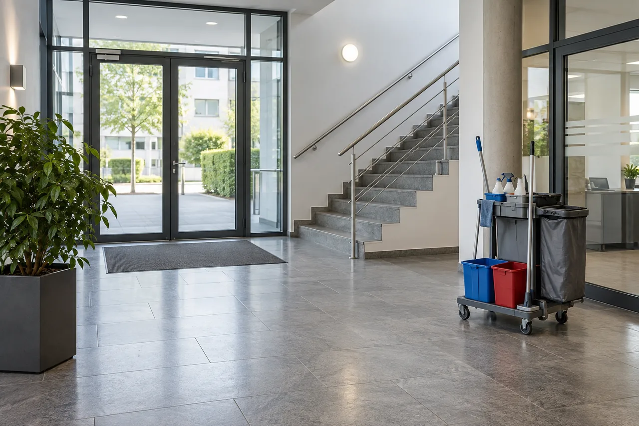 Gepflegter Eingangsbereich mit Treppenhaus und Reinigungswagen