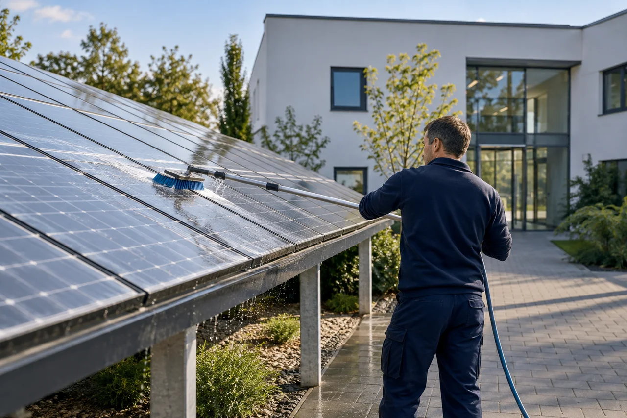 Reinigung von Solarmodulen an einem gepflegten Gebäude