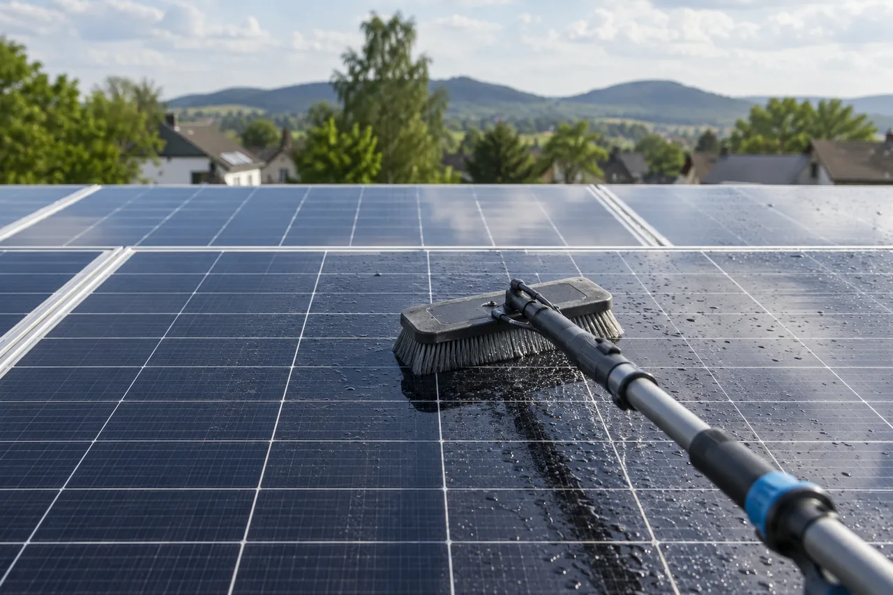 Reinigungsbürste auf einer Photovoltaikanlage