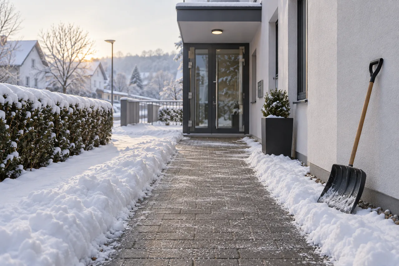 Geräumter Gehweg vor einem Gebäude im Winter